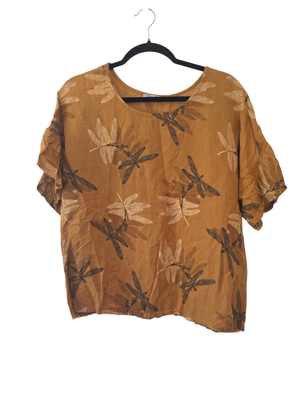 Elena Baldi Dragonfly Print Short Sleeve Linen Top in Tan Size Small